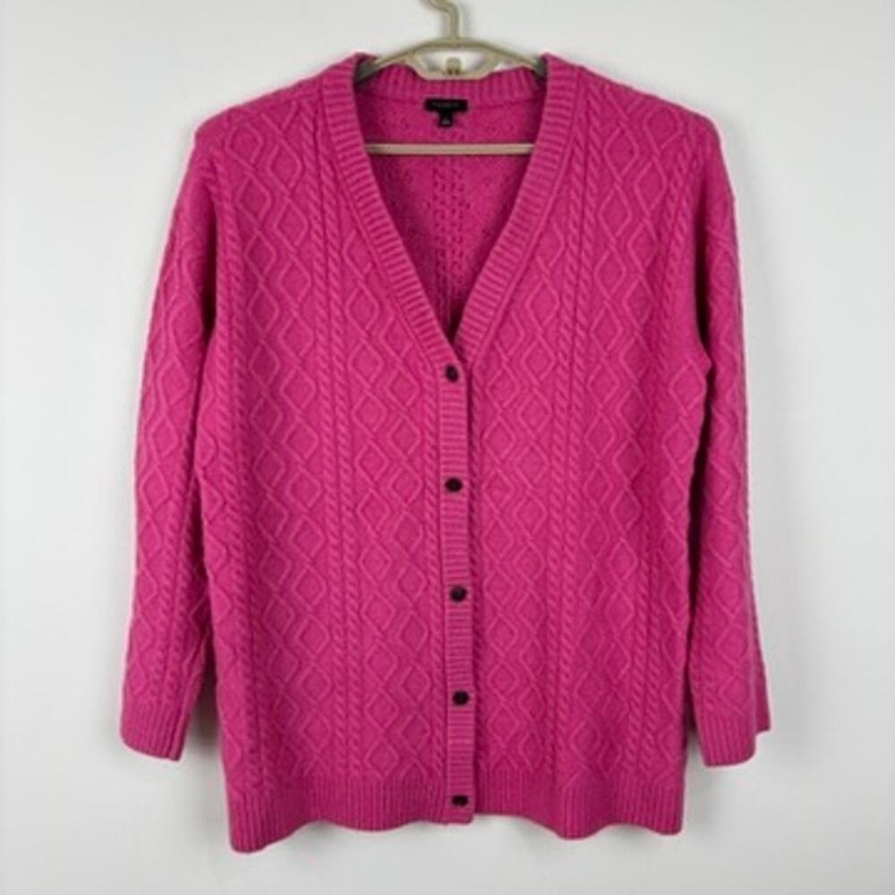 Talbots Cardigan Sweater Pink Cable Knit V-Neck Large Acrylic Nylon Wool Alpaca